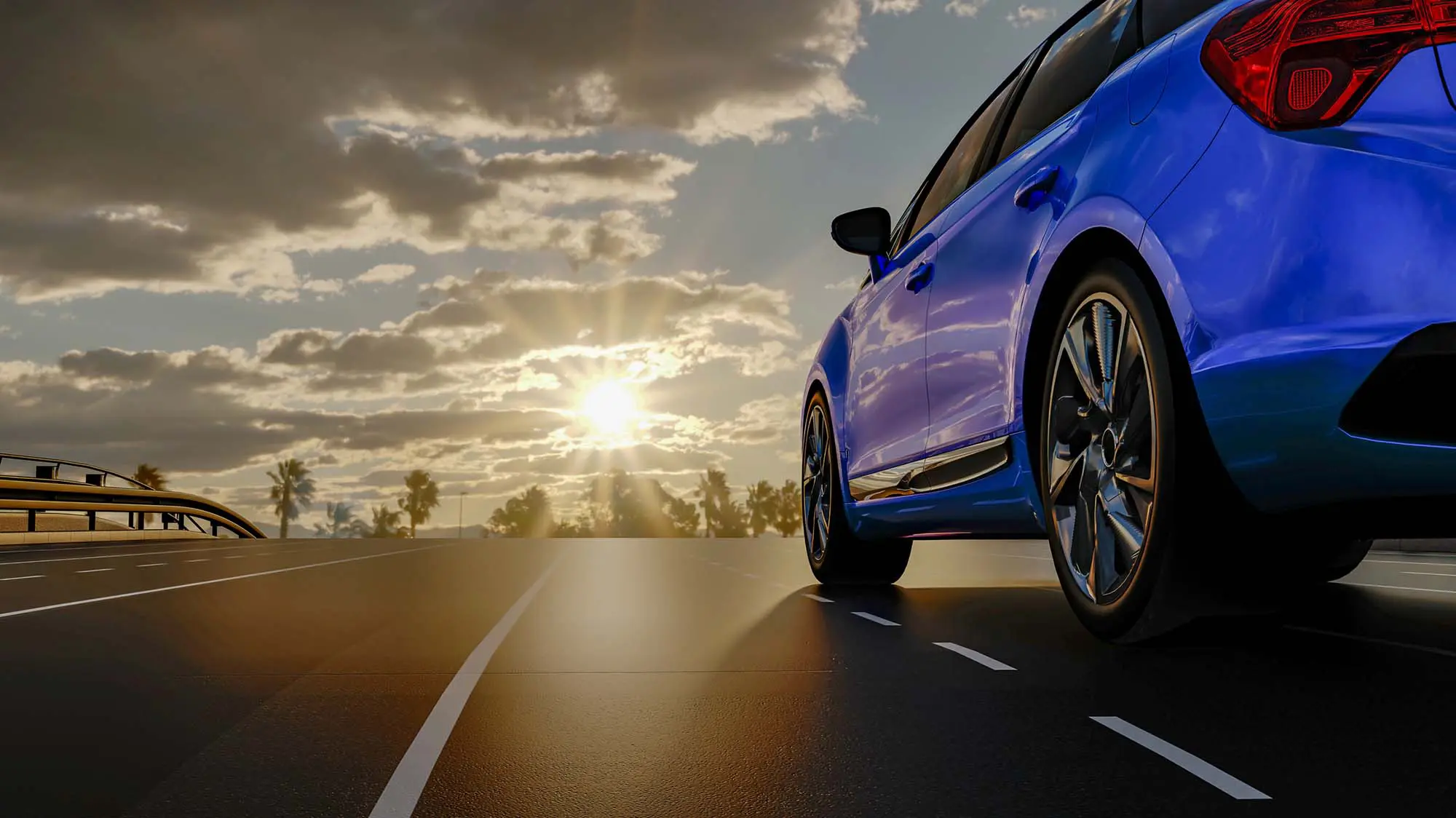 Blue Sedan on Road